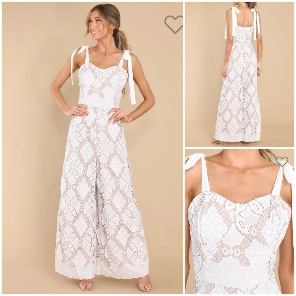 NWT NY&Co Women's Just Me Tie Strap Sweetheart Neckline Crochet Jumpsuit, Size L - Picture 3 of 17